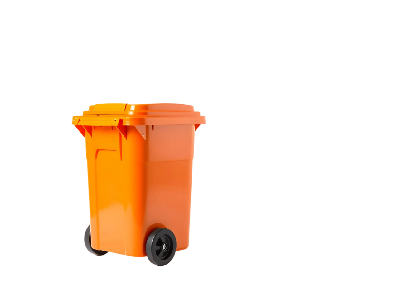 An isolated orange trash can with wheels and lid png