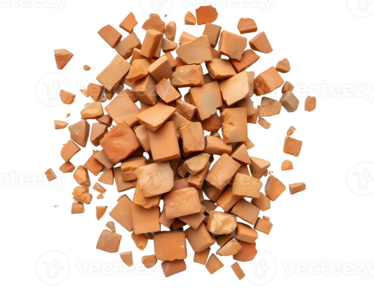 Pile of broken orange clay bricks fragments with transparent background png
