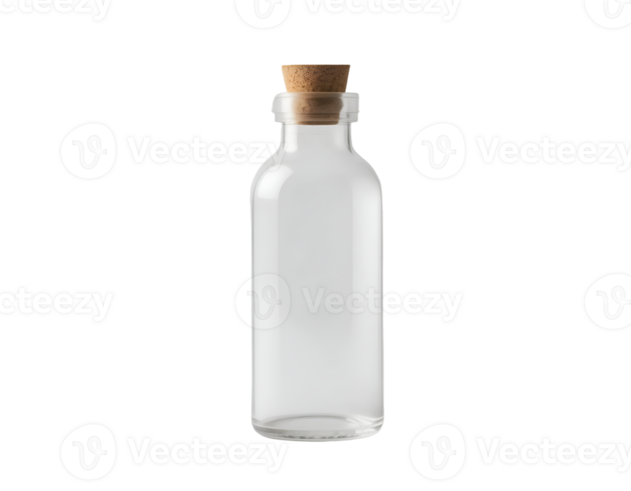 Transparent glass bottle with cork lid png