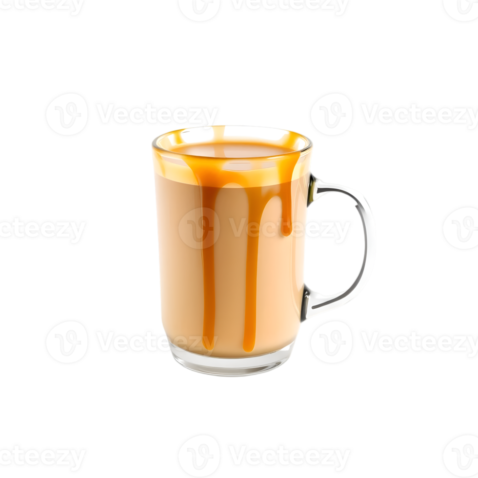 Coffee with caramel topping in a glass mug png