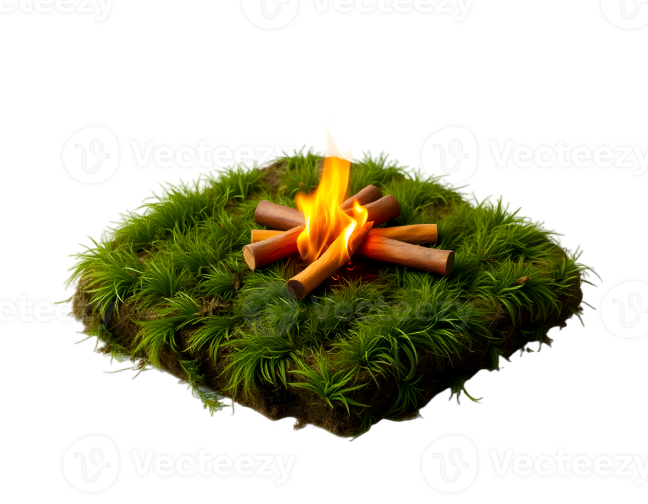 Campfire on a square patch of green grass with a transparent background png