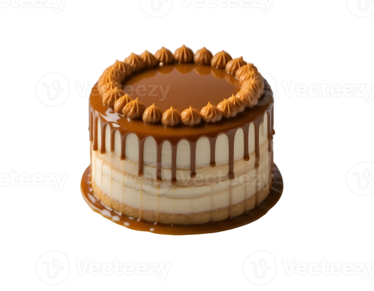 Delicious caramel cake with cream topping and dripping sauce png