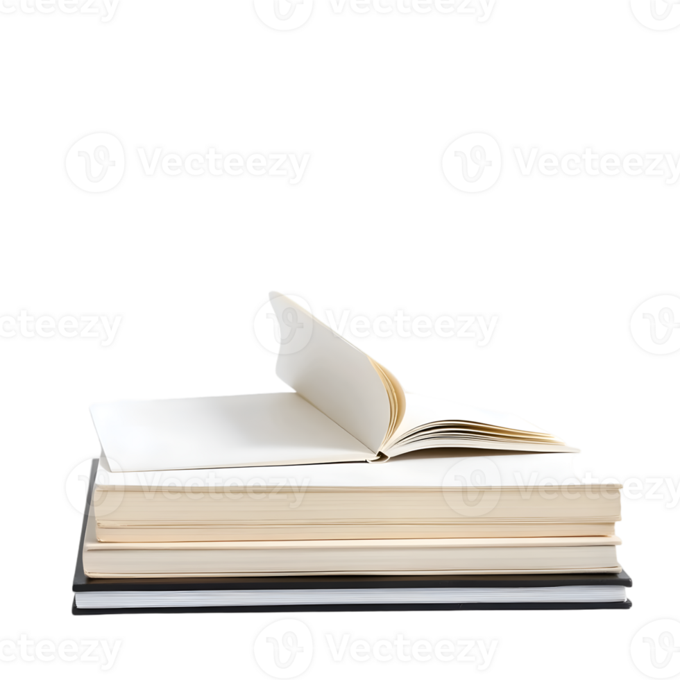 A stack of books with an open book on top, isolated on a transparent background. png