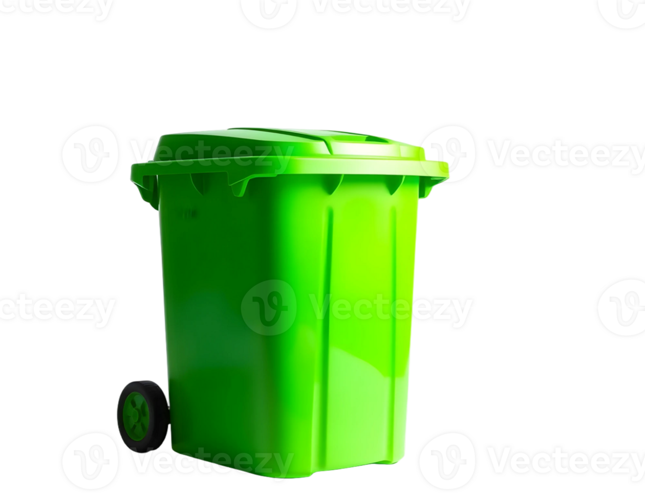 Green plastic trash can with a lid and a single wheel png