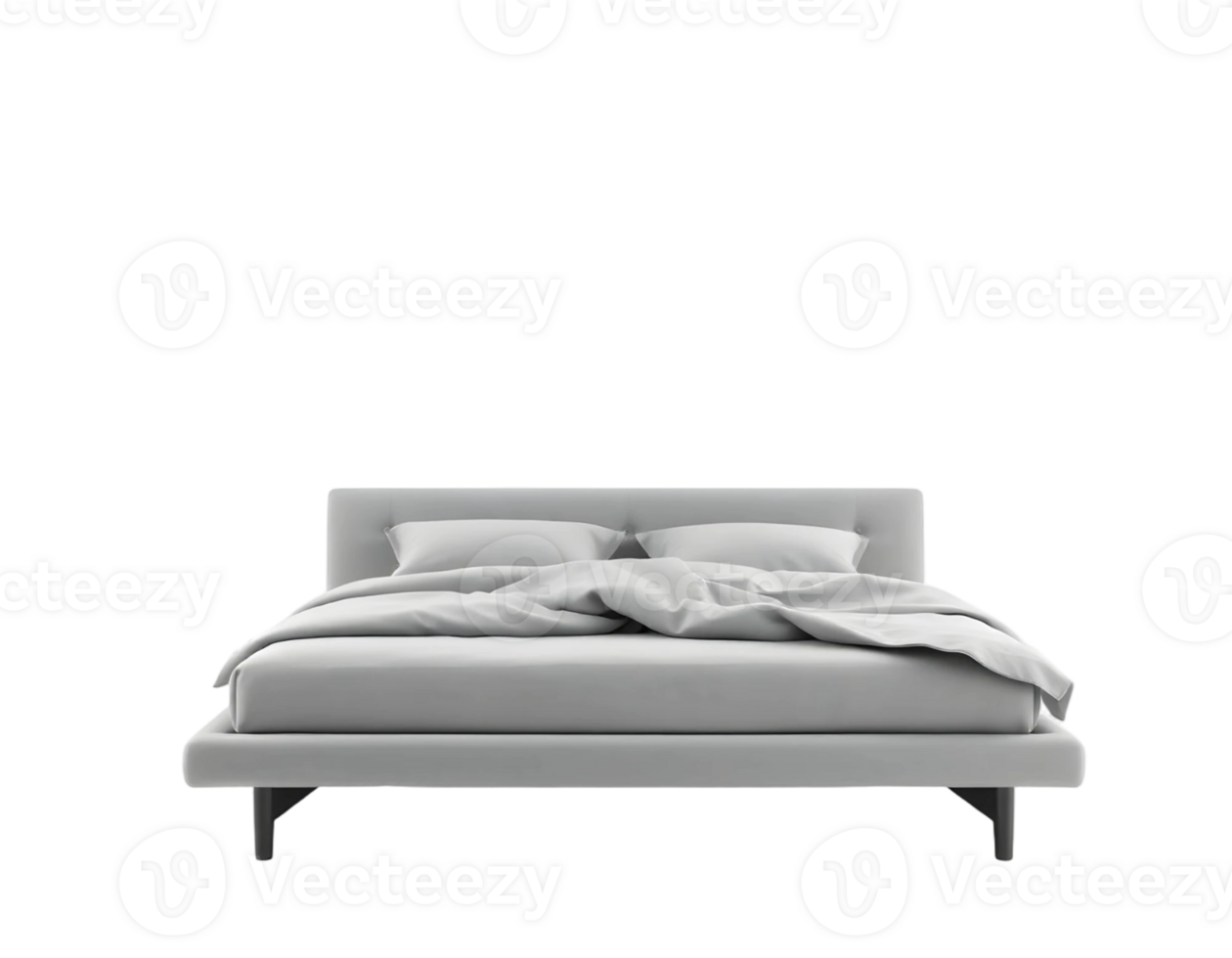 Modern grey bed in a minimalist bedroom png