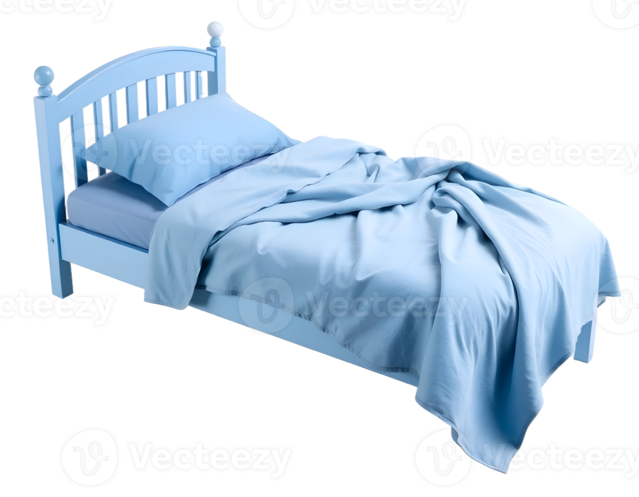 Blue single bed with pillows and sheets png