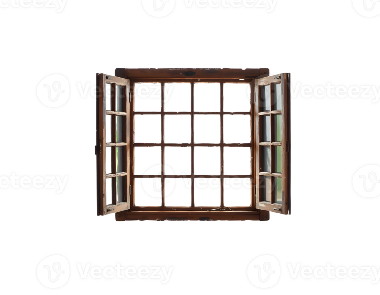 Open Wooden Window with Square Panes png