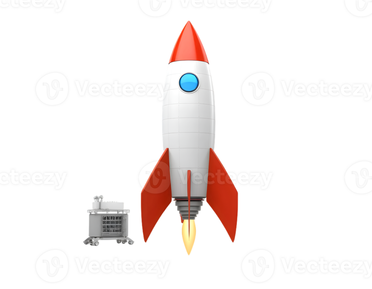 A red and white rocket launching into space with flames and a small cart png