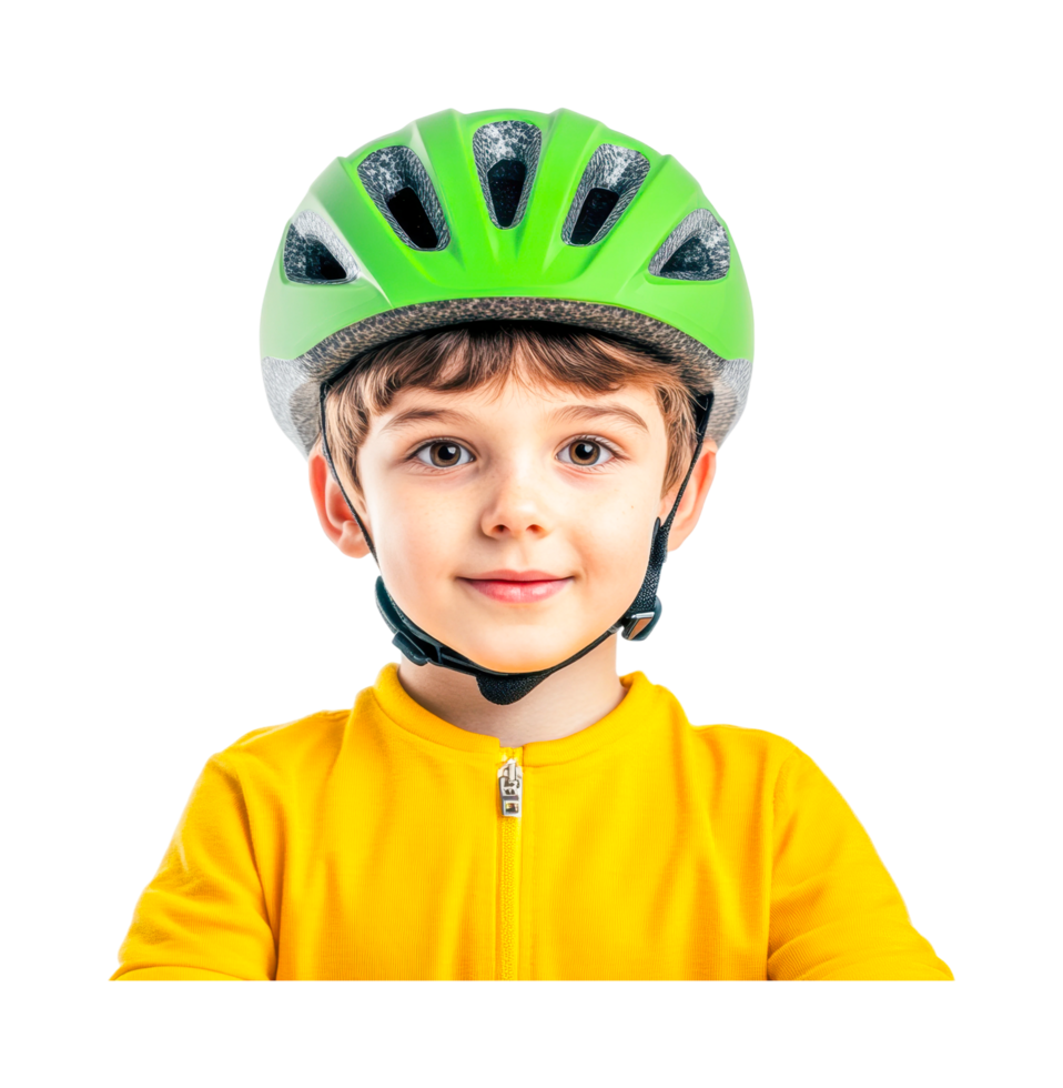 Caucasian male child wearing green bicycle helmet and yellow jacket, cut out png