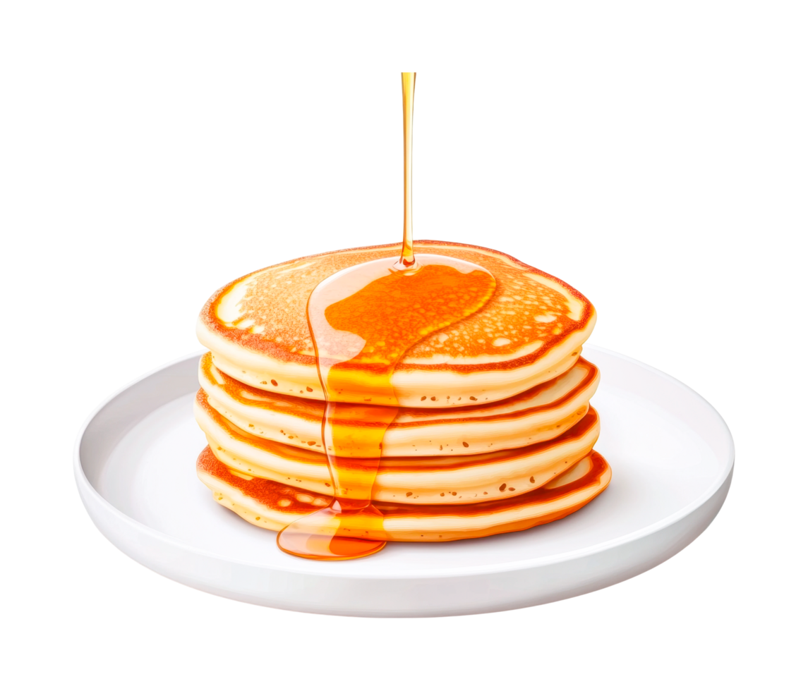 Stack of fluffy pancakes with maple syrup drizzle on a white plate, cut out png