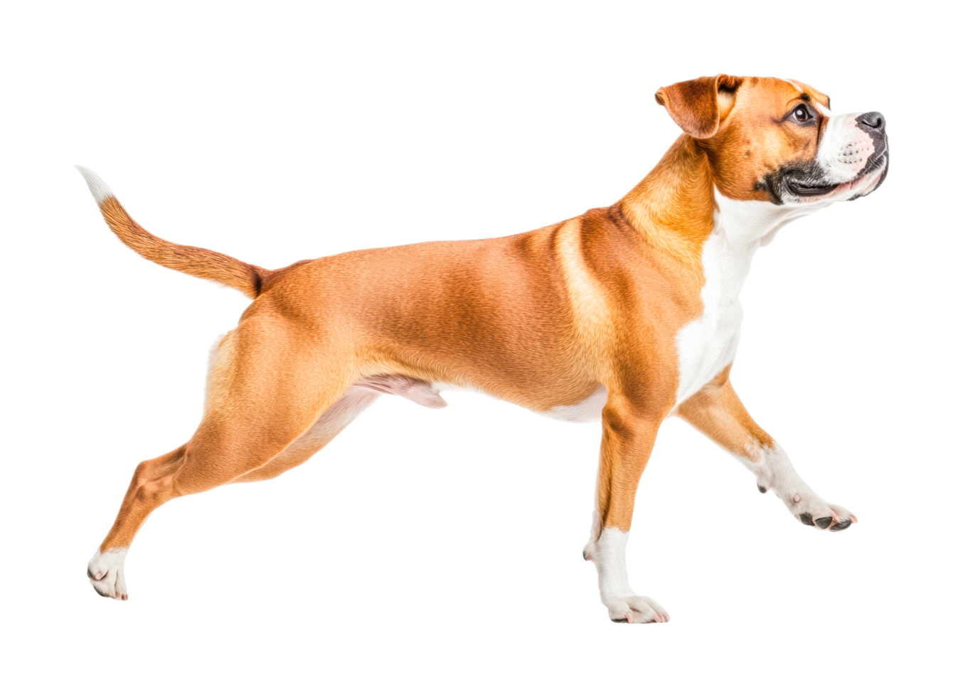 Energetic boxer dog in mid-stride with brown coat and white markings, cut out png