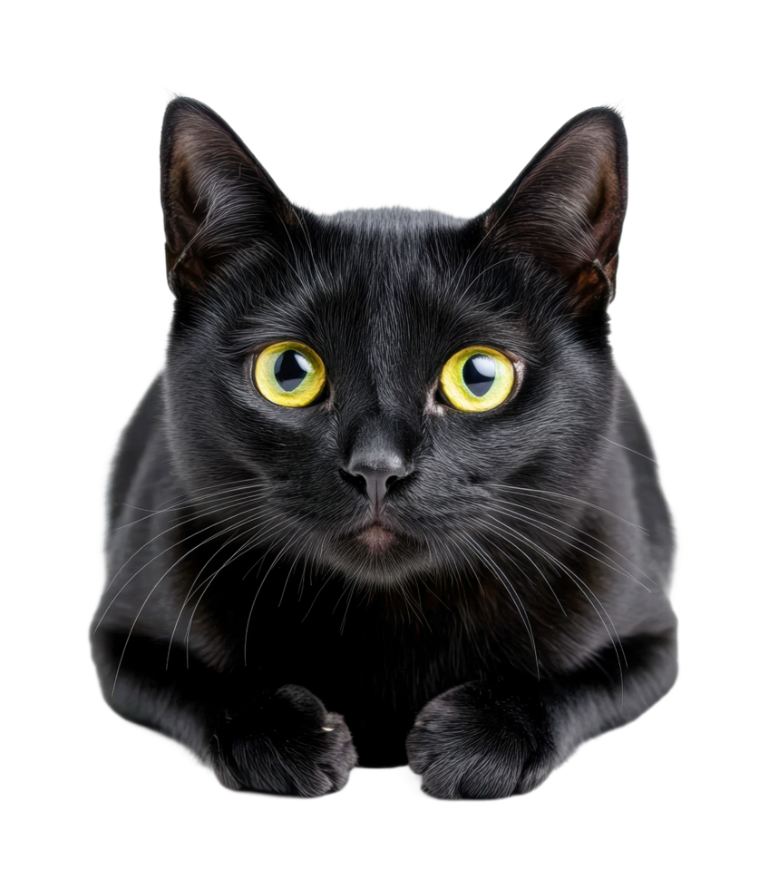 Close-up of alert black cat with striking yellow eyes, cut out png