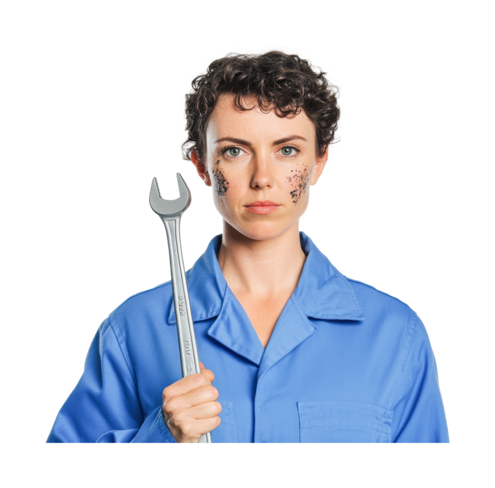 Female auto mechanic with wrench and grease-covered face, cut out png