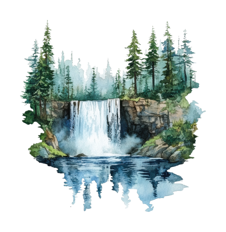 Watercolor painting of a majestic forest waterfall with reflections and lush pine trees, cut out png