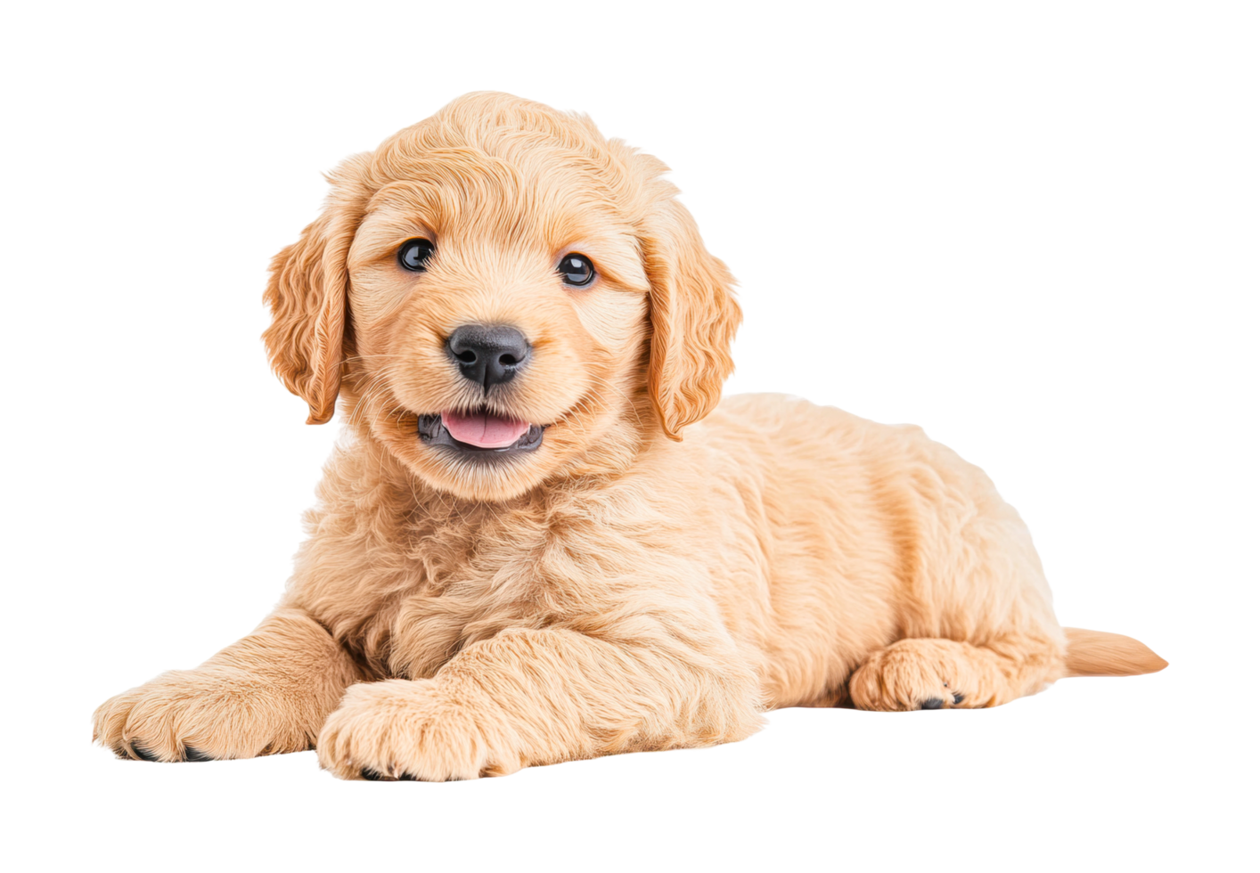 Adorable fluffy golden puppy lying down with happy expression, cut out png