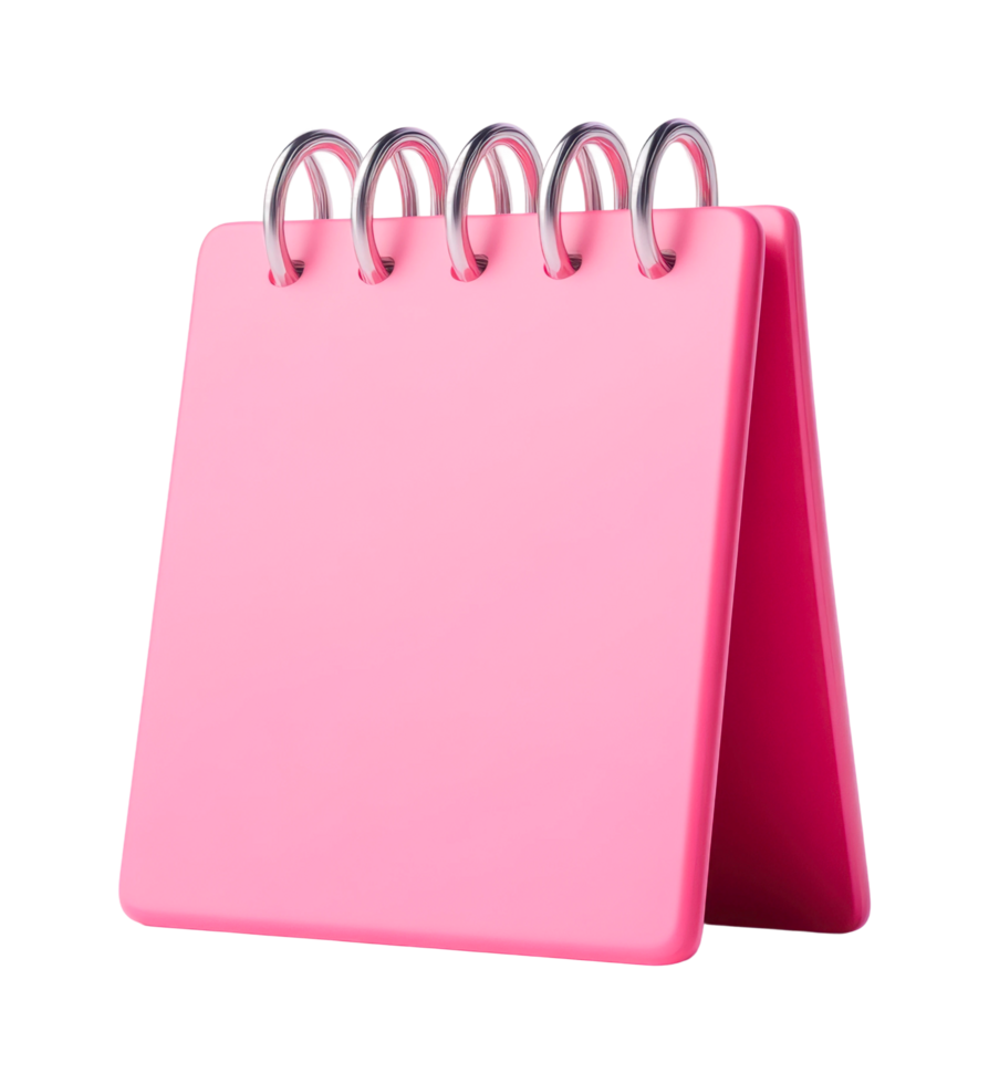 Pink spiral notepad with blank pages standing upright, cut out png