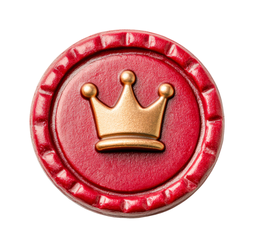 Golden crown emblem on red circular token with detailed edge design, cut out png
