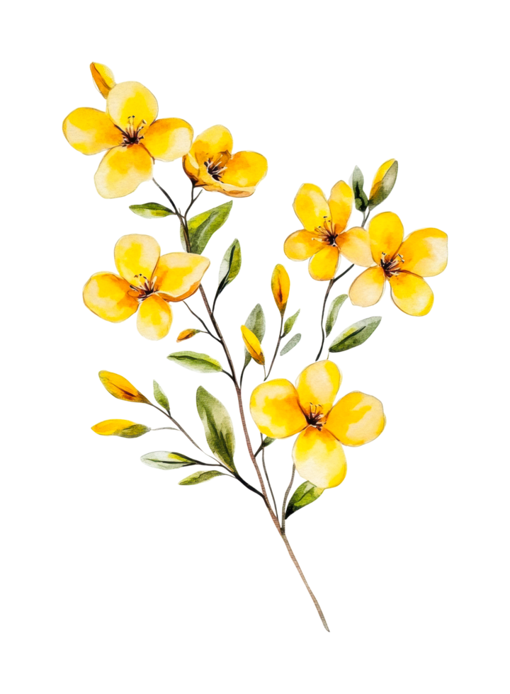 Elegant yellow flowers with green leaves on a dark background, cut out png