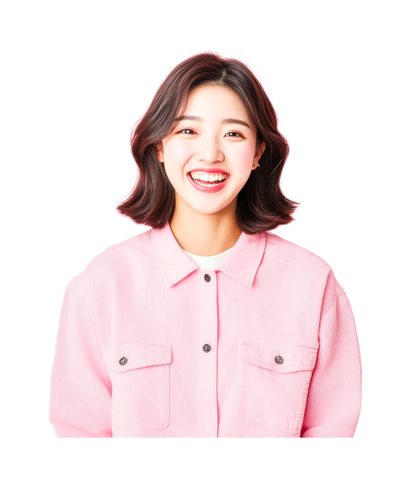 Smiling young asian female in pink shirt with short hair, cut out png