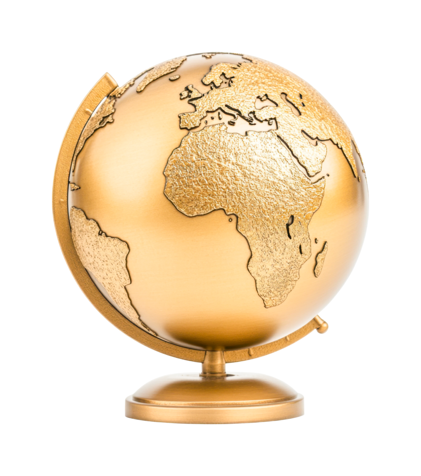 Golden globe with detailed continents on elegant stand, cut out png
