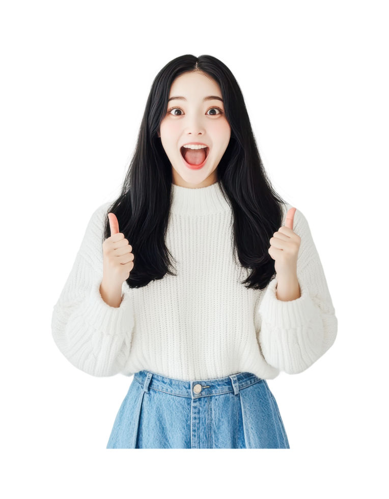 Excited young asian female expressing joy with thumbs up gesture, cut out png