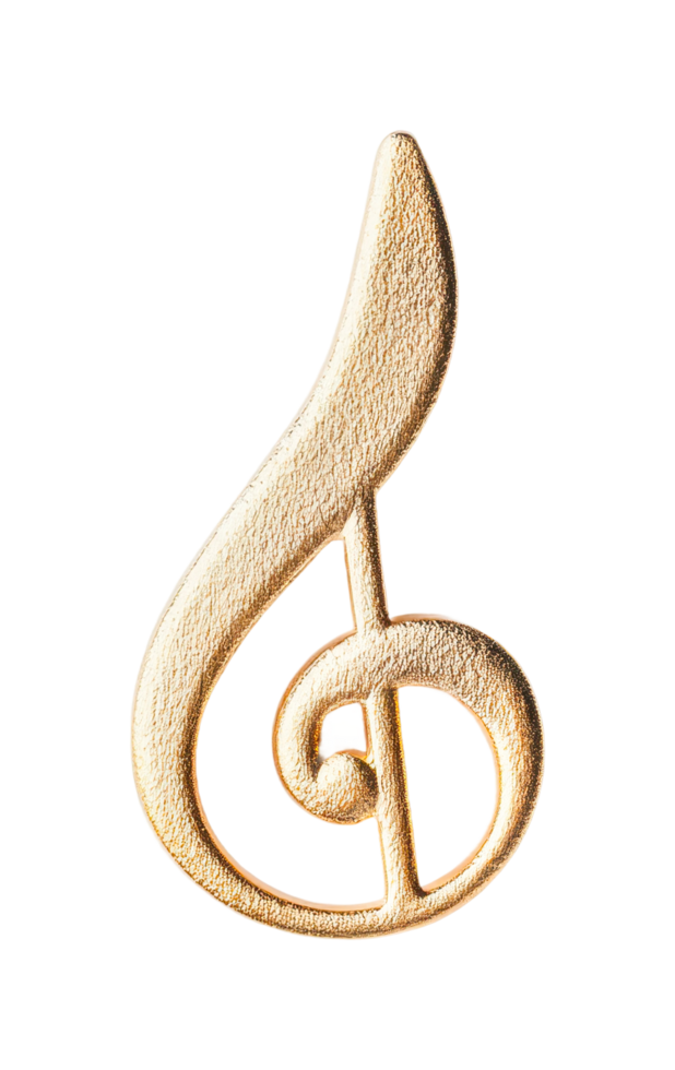 Vintage gold treble clef ornament with textured details, cut out png