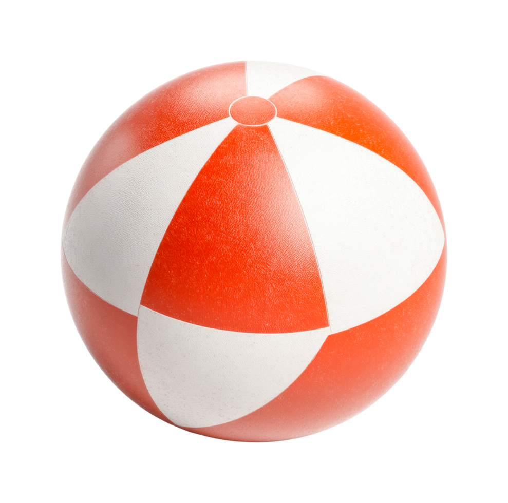 Red and white retro beach ball with geometric patterns mid-air, cut out png