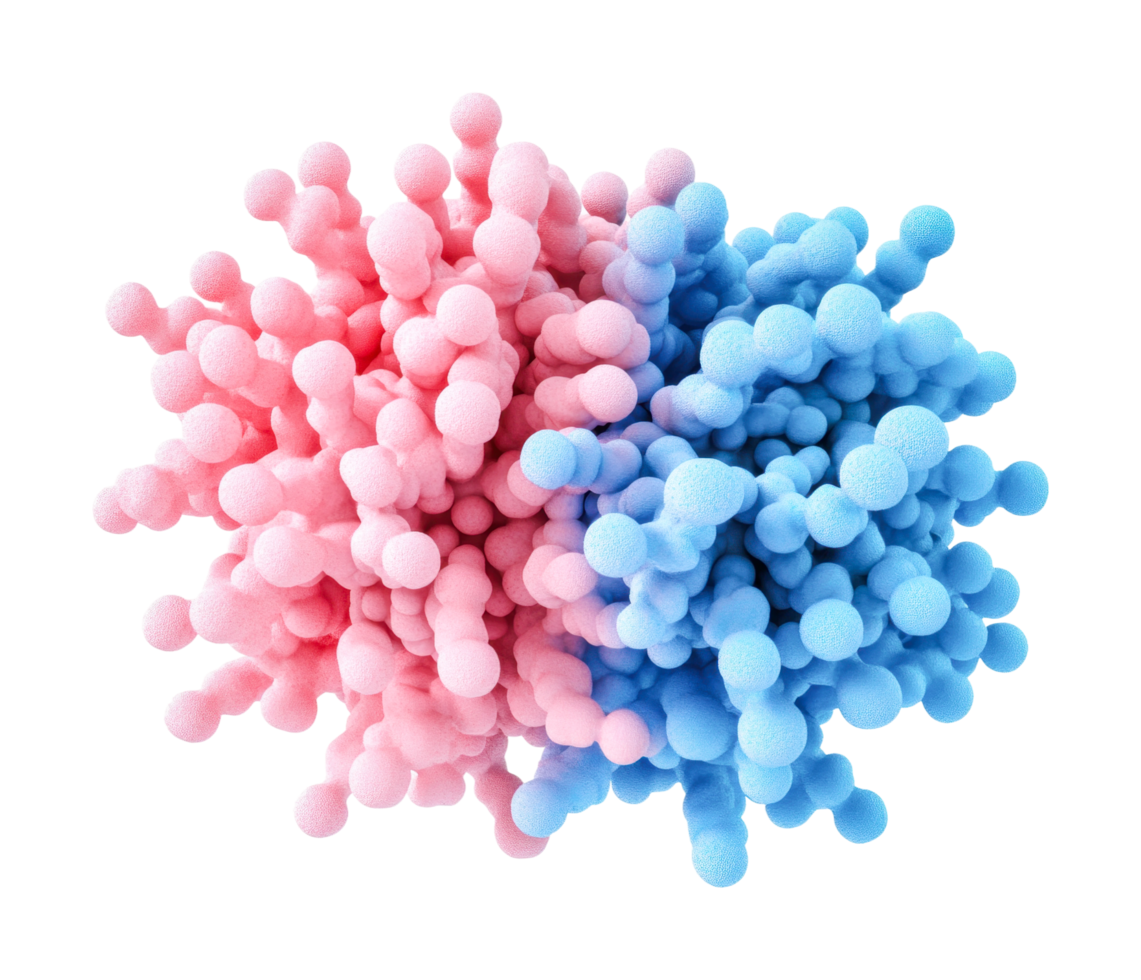 Pink and blue molecular structures forming an abstract shape, cut out png