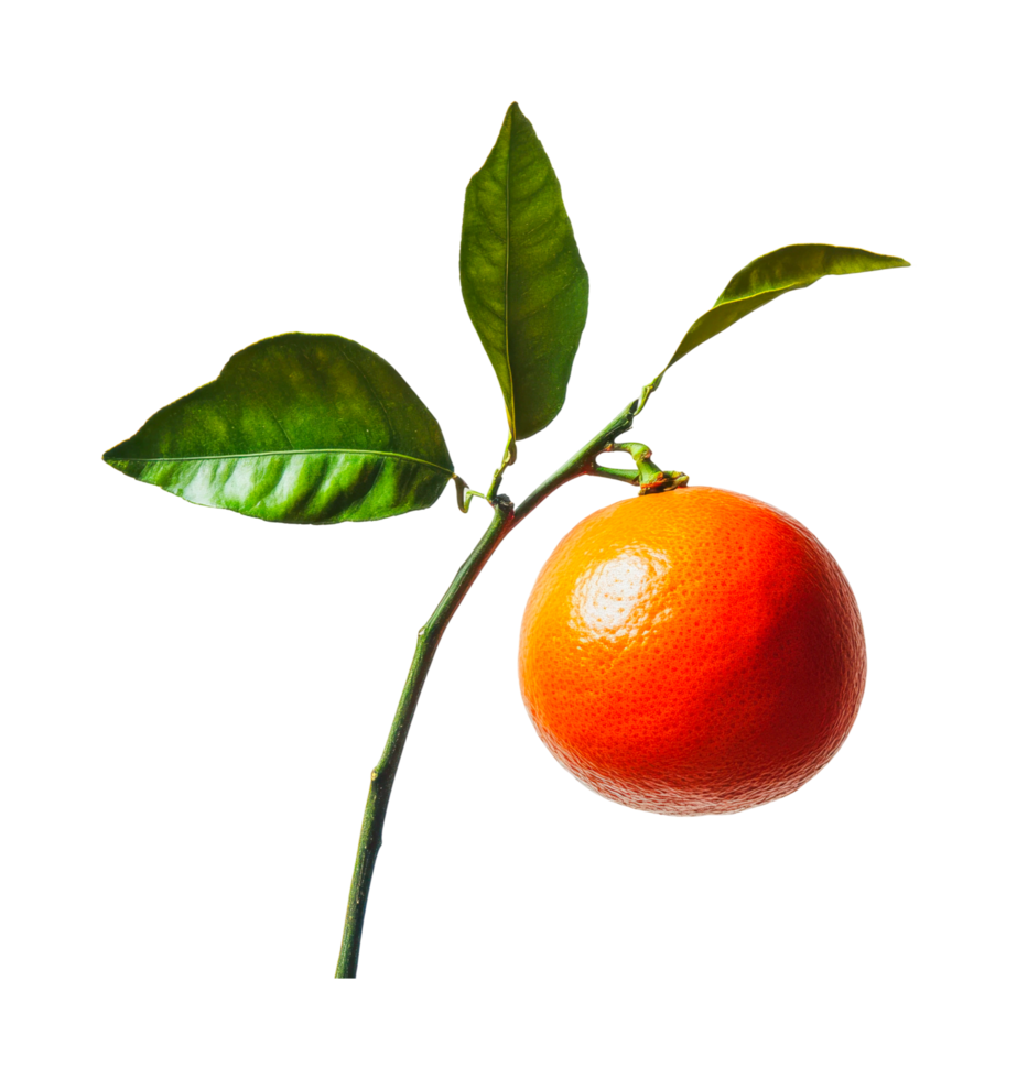 Fresh orange with green leaves on tree branch, cut out png