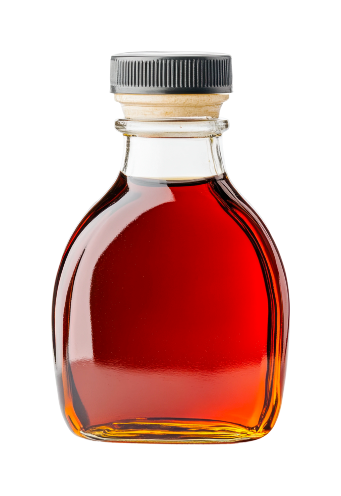 Glass bottle with red liquid and dark cap, cut out png