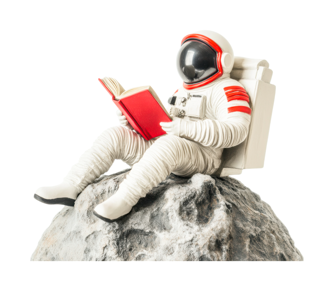 Astronaut sitting on moon rock reading a book in spaceman suit, cut out png