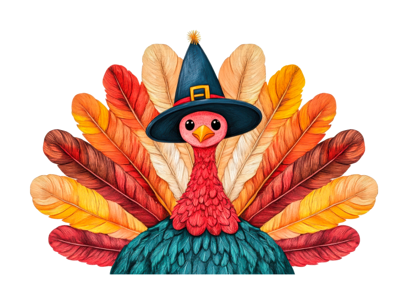 Whimsical turkey with colorful feathers and witch hat, cut out png