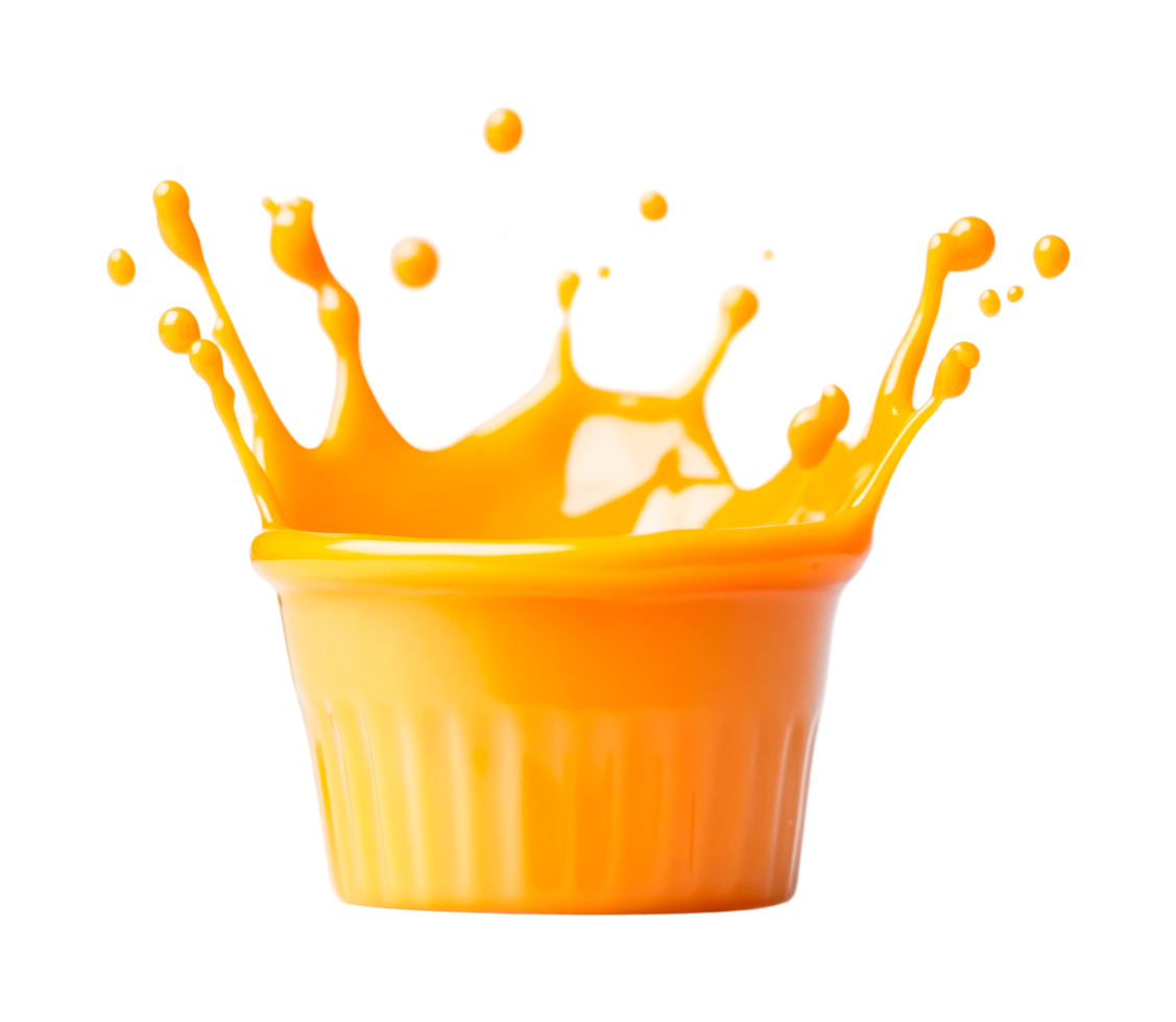 Orange splash in ceramic dish captures dynamic movement of liquid, cut out png