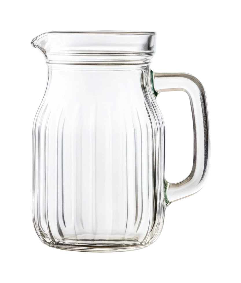 Clear glass pitcher with handle for beverages and water storage, cut out png