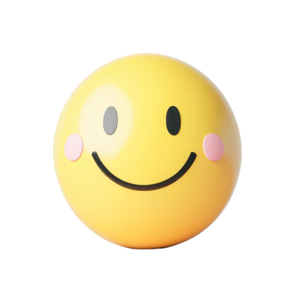Smiling yellow emoji face with pink cheeks on white background, cut out png