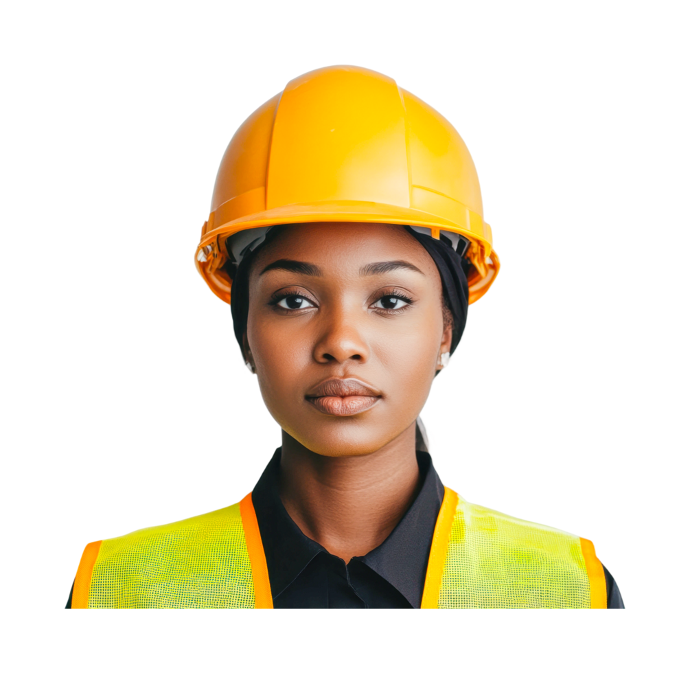 African female adult construction worker in safety gear and hard hat, cut out png