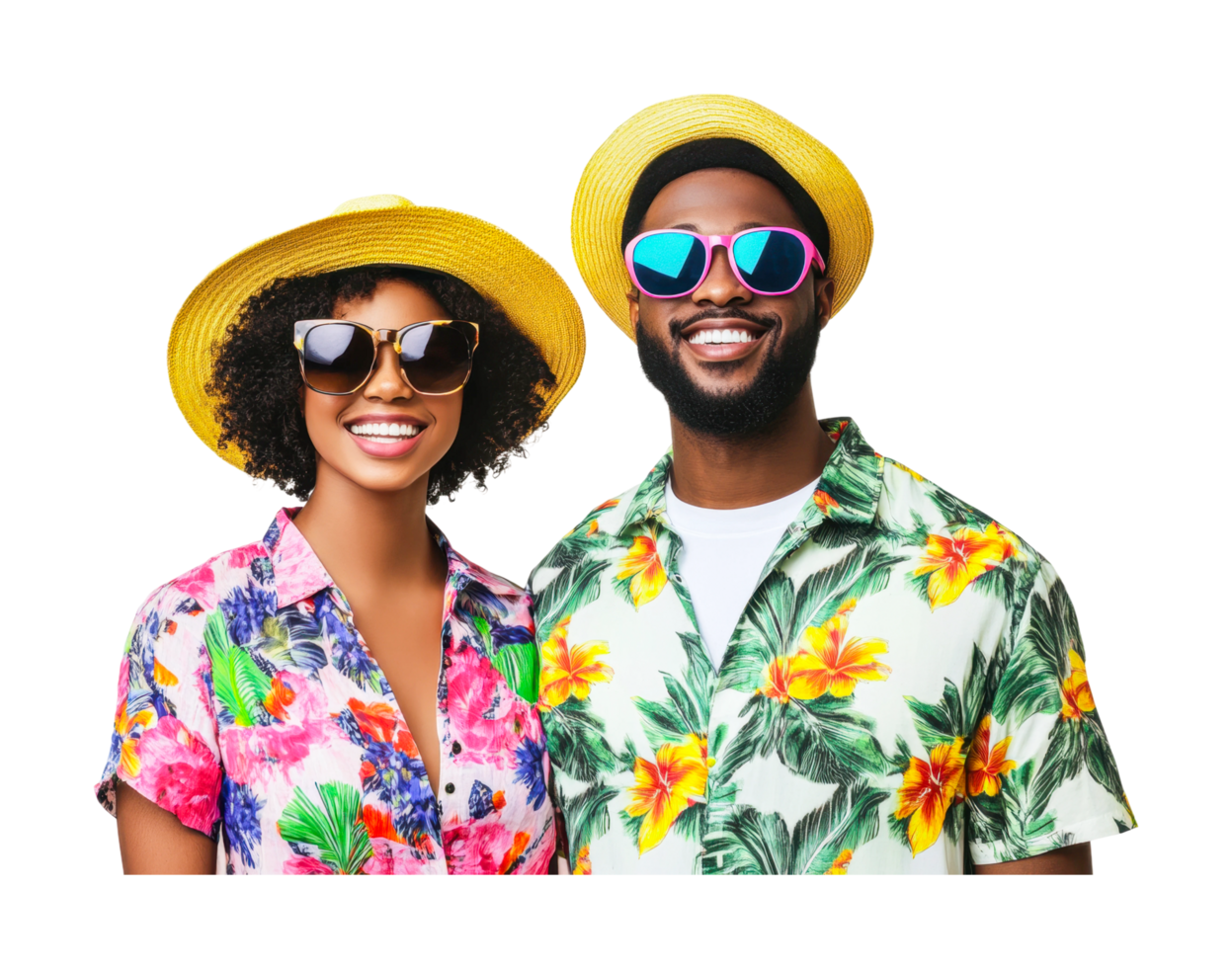 Smiling african young adults in bright floral outfits and sunglasses, cut out png
