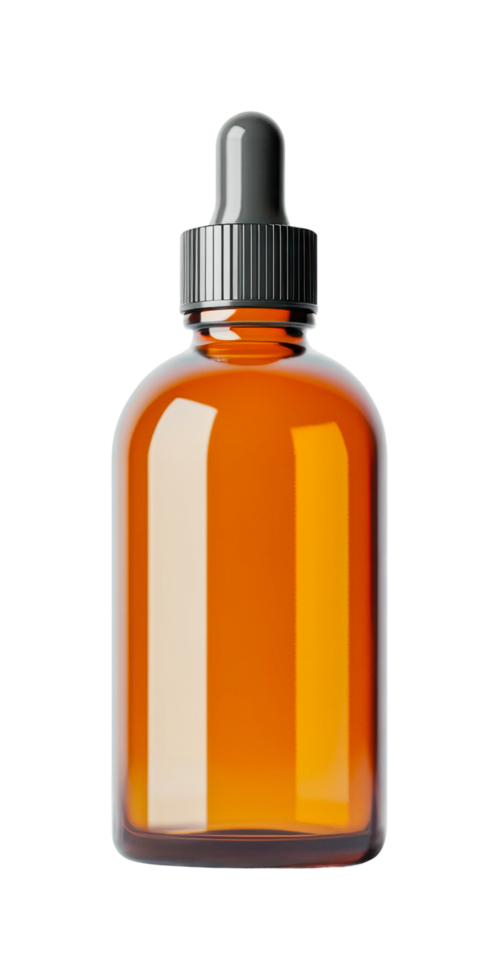 Amber glass dropper bottle with grey pipette cap for essential oils and serums, cut out png