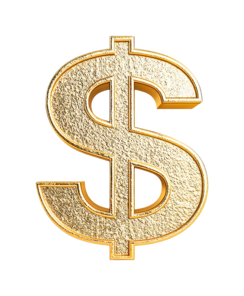 Golden dollar sign isolated symbol on plain background, cut out png
