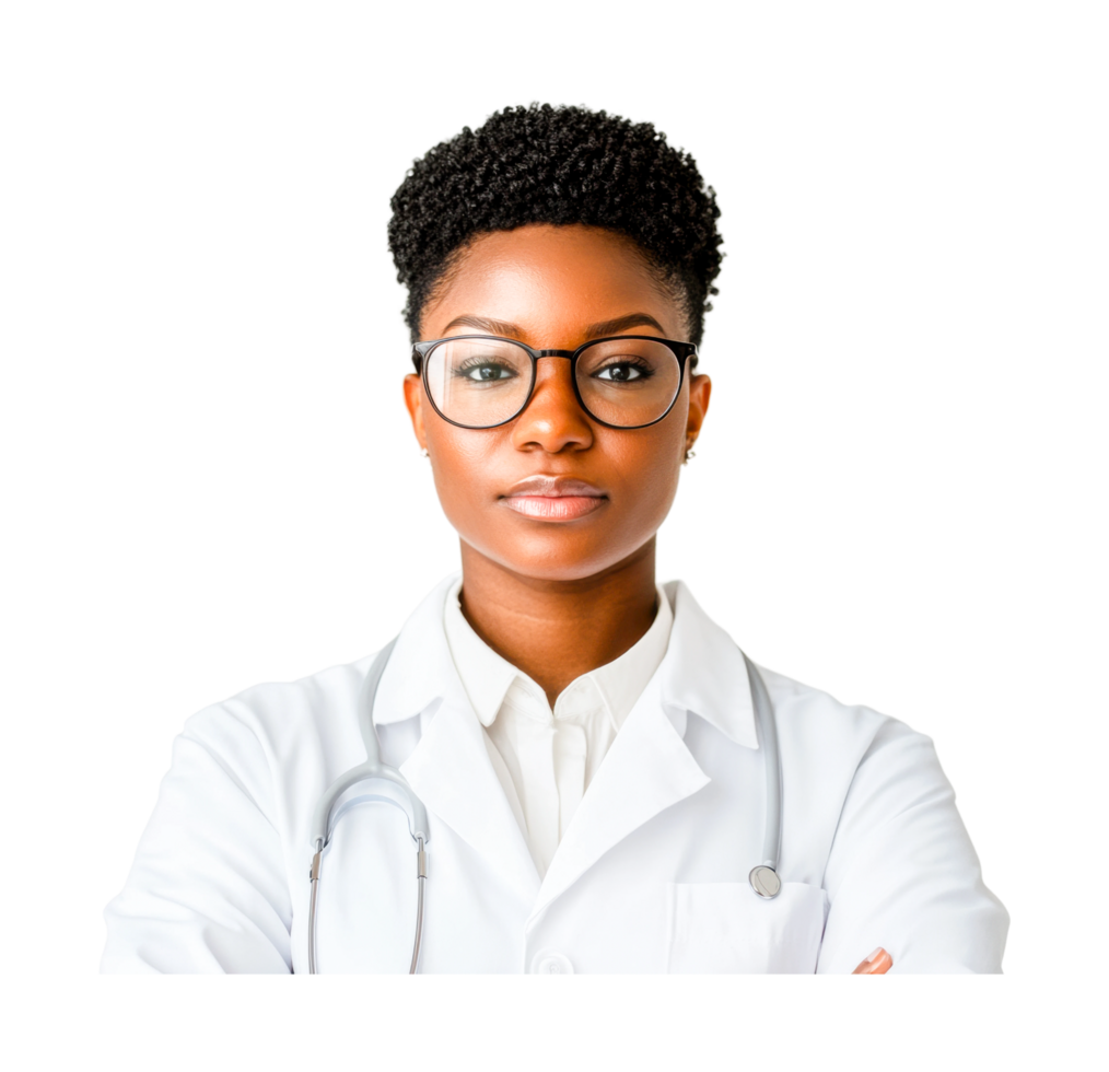 Confident female african young doctor in white coat with glasses and stethoscope, cut out png