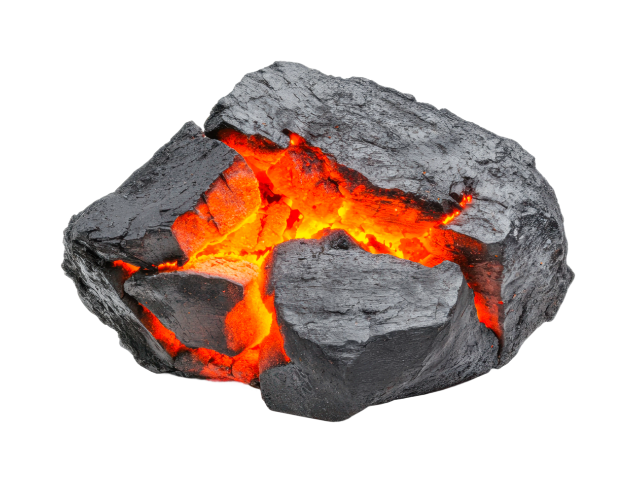 Glowing lava-infused rock with cracks and fiery core, cut out png