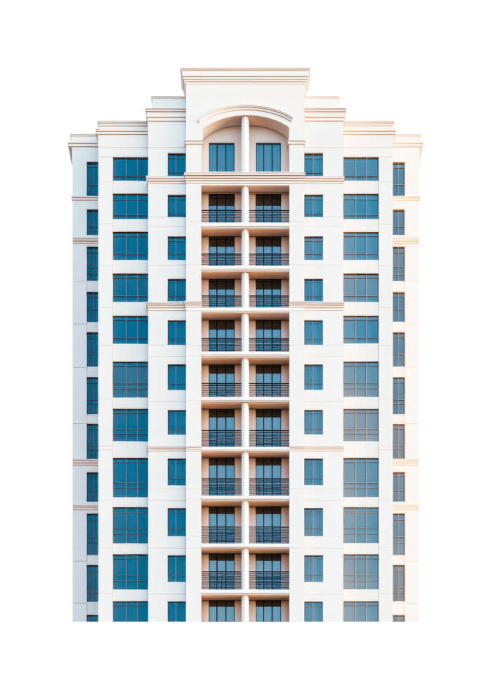 Modern high-rise apartment building with symmetrical windows, cut out png