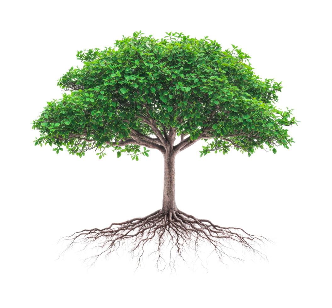 Lush green tree with roots displayed in detailed view, cut out png