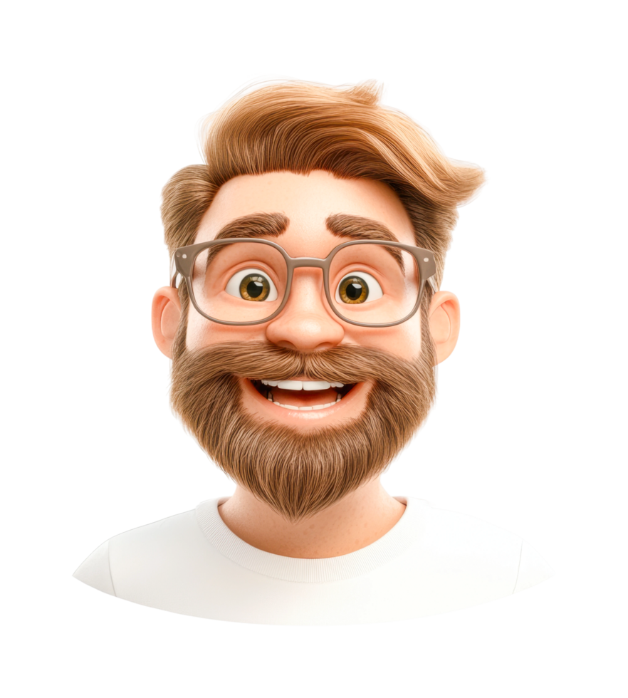 Cheerful bearded caucasian male character with glasses, cut out png