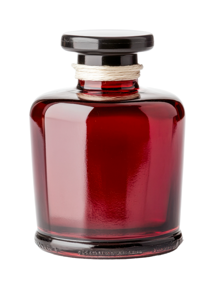 Elegant red glass perfume bottle with black cap, cut out png