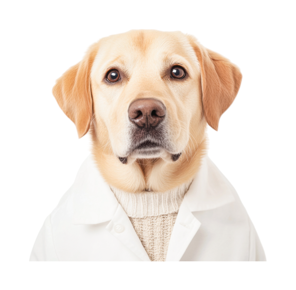 Labrador retriever in white coat with beige sweater, cut out png