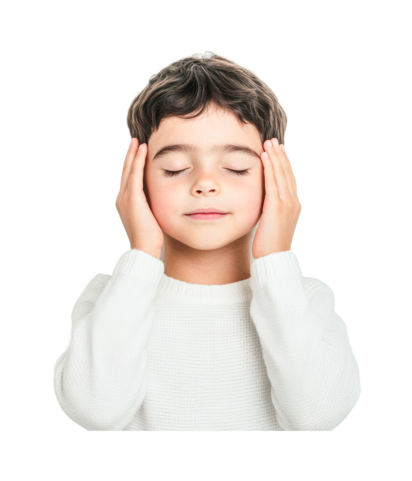 Caucasian male child meditating with eyes closed in calm expression, cut out png