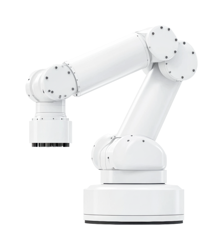 Industrial white robotic arm for automation and assembly tasks, cut out png