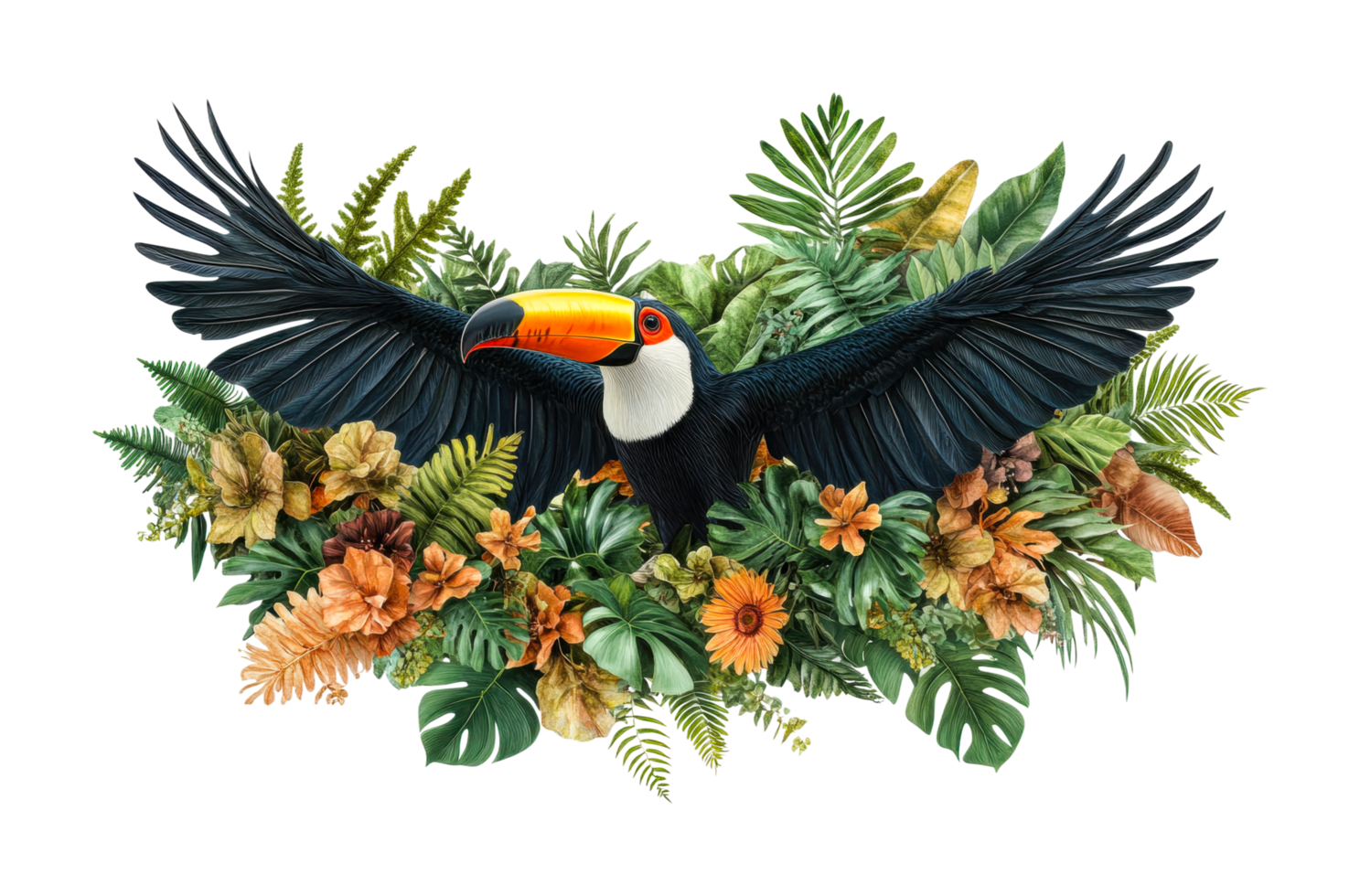 Tropical toucan with vibrant wings surrounded by lush foliage and colorful flowers, cut out png