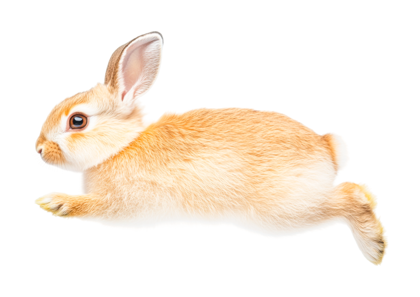 Leaping rabbit in mid-air with fluffy fur and alert ears, cut out png